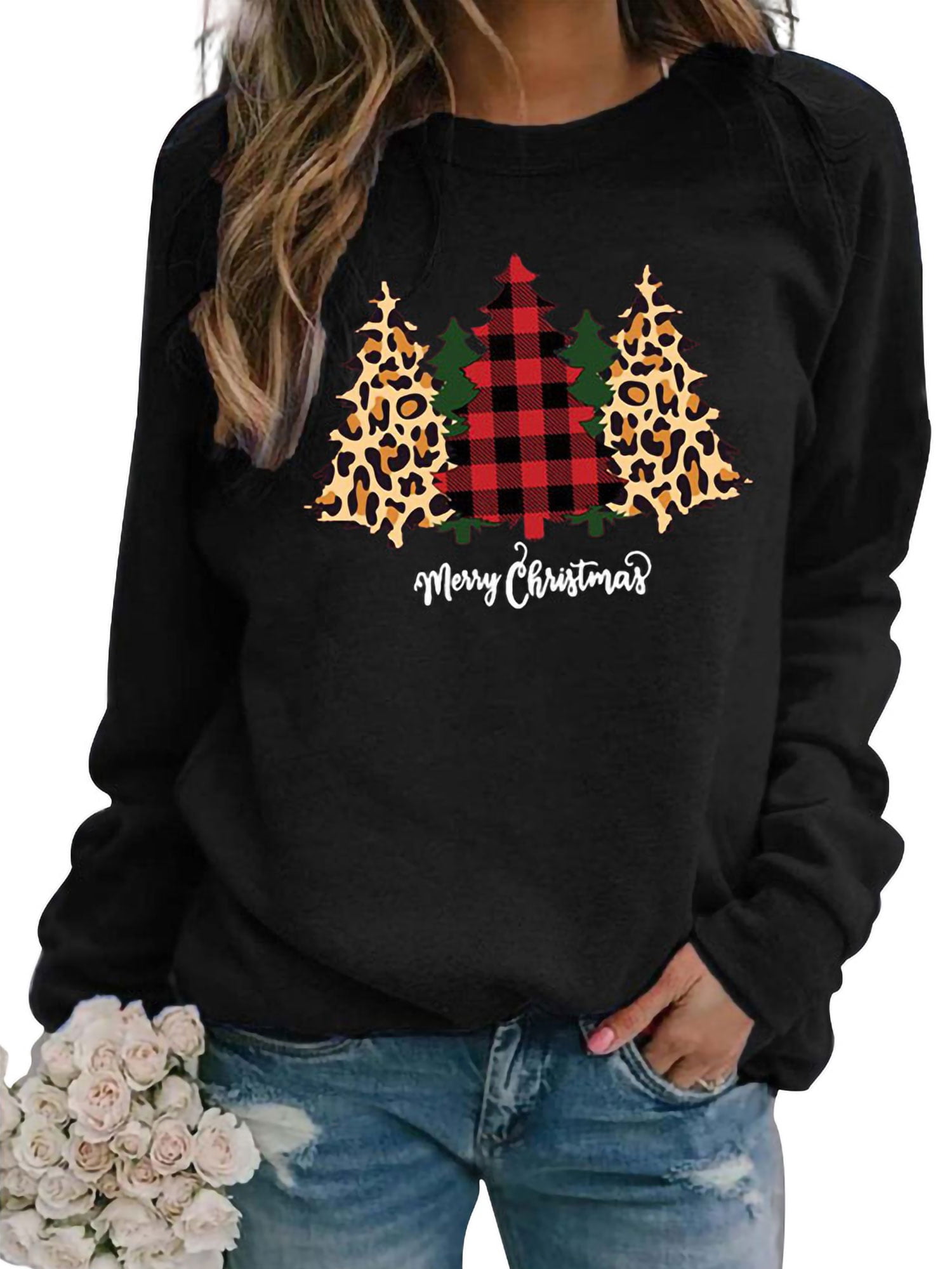 Christmas Tree Crew Neck Sweatshirt Pullover For Women Ladies Xmas Holiday Sweater T Shirt Top Winter Fall Spring