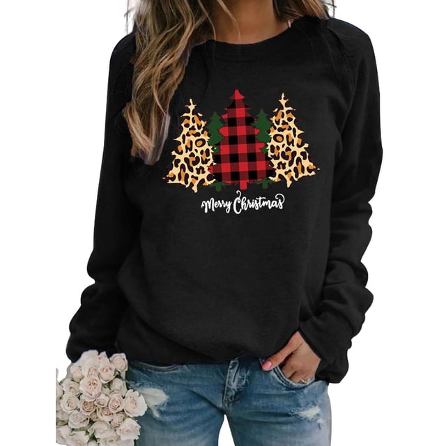 Christmas Tree Crew Neck Sweatshirt Pullover For Women Ladies Xmas Holiday Sweater T Shirt Top Winter Fall Spring