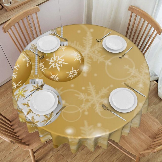 Round Tablecloth Gold Christmas Ball Snowflake Xmas 60 Inch Table Cover for Dining Polyester Cloth with Scalloped Edges Stain Resistance Kitchen Picnic Party Restaurant Decoration
