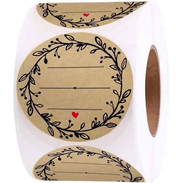 Firefly Hope 500pc/Roll 1" Label Stickers for Jars and Lids, featuring round natural brown kraft stickers with a black wreath design and a red heart accent. Each label measures 1 inch in diameter and includes three lines for writing contents, names, prices, or notes. The roll contains 500 waterproof and tear-resistant labels with permanent adhesive backing, suitable for small businesses, pantry organization, bake sales, and gift labeling.