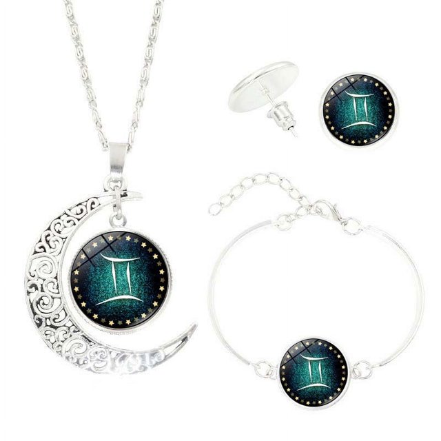 EGNMCR Boucles d'Oreilles pour Femmes Femmes 12 Constellations Demi Collier Boucle d'Oreille Bracelet Ensemble Trois Pièces Collier pour Femmes