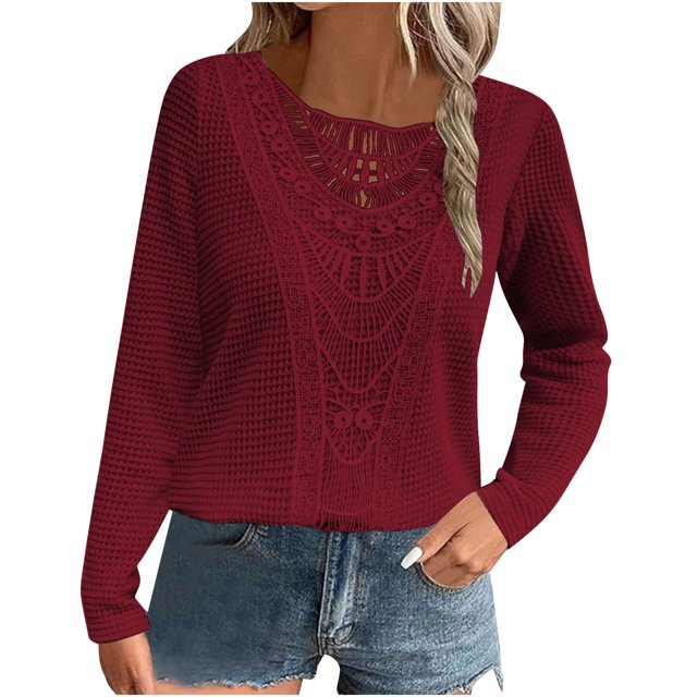 Penkiiy Pull Décontracté à Manches Longues pour Femmes, Col Rond, Crochet, Léger, Tricoté, L Vin