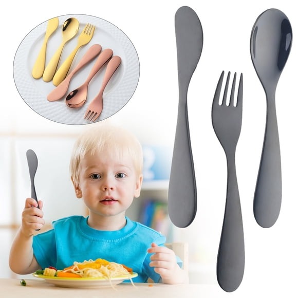 Black Stainless Steel Toddler Silverware, 3 Pcs ki-ds Cutlery Set with Spoon fork Knife, ch-ildren's Flatware for Home and Camping, Short Handle Design