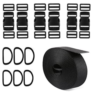 Boucles Sangle 1 Pouce : Sangles en Sangle de Nylon 6 Yards, Boucles en Plastique à Dégagement Latéral Rapide Doublement Ajustables 6 Pack, Clip Coulissant Tri-Glide 12 Pcs, Anneaux en D en Métal 6 Pcs, Robuste, Noir