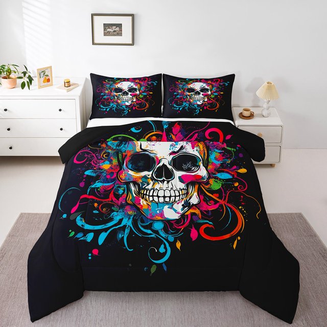 Erosebridal Hippie Skull Skeleton Bedding Comforter Set, Happy Halloween Down Comforter, Reversible 2 Pieces