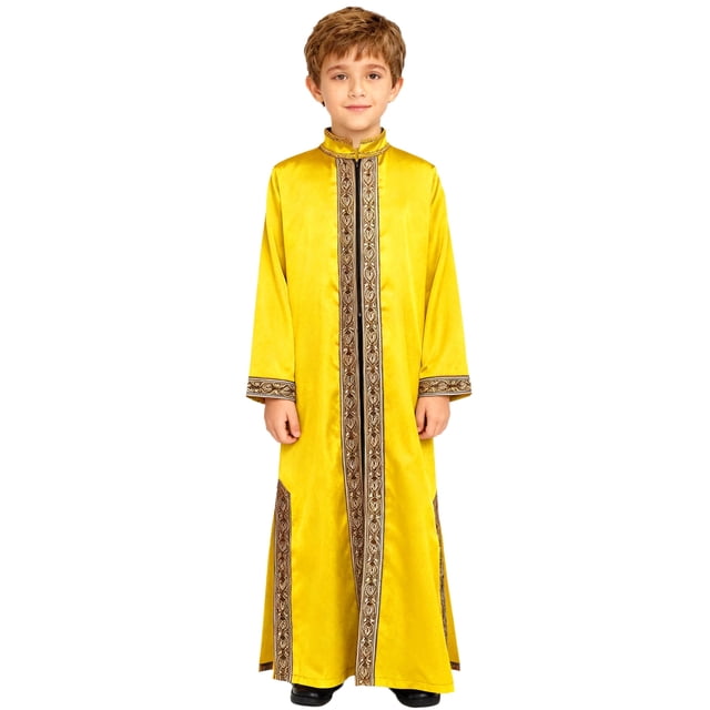 Moggemol Garçons Tunique Maxi à Manches Longues Dubai Traditionnel Satin Soyeux Faux Fendu Robe Or 6