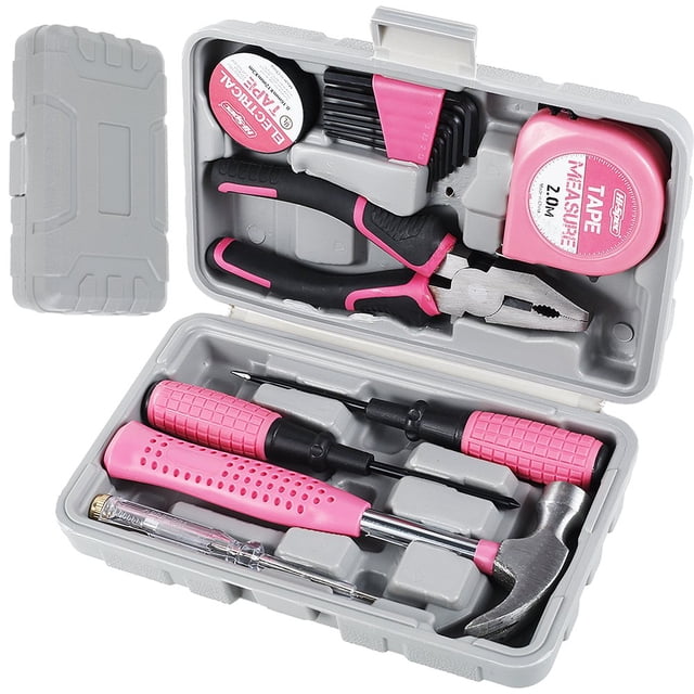 JUNWELL Ensemble d'Outils à Main pour la Maison Trousse d'Outils de Réparation à Domicile Rose Ensemble d'Outils pour Femmes avec Étui Acier Rose 3,19 Lb 37 Pcs
