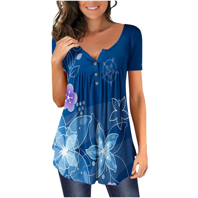 Tuniques pour Femmes à Manches Courtes Mode pour Femmes Col en V Tuniques à Imprimé Floral Boutons T-shirt à Manches Courtes