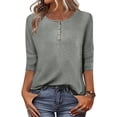 thumbnail image 2 of Lenpel Hauts pour Femmes à Manches 3/4 Printemps Été Col Ras du Cou Quart de Bouton T-Shirts Décontractés Tunique Tee Blouses, 2 of 7