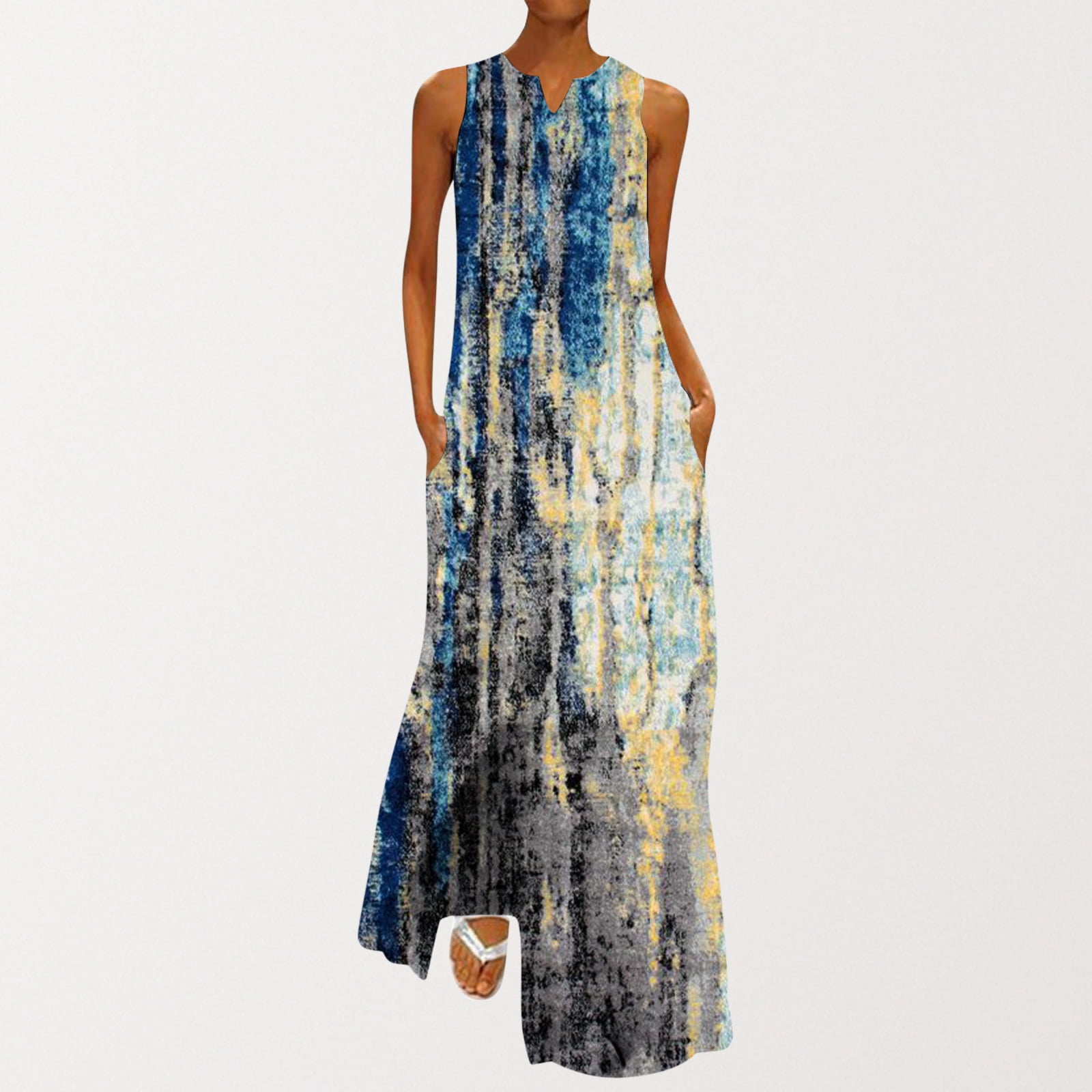Robes de Collation des Grades pour Femmes Mode Col en V Sans Manches Été Soirée Fête Imprimé Dames Poche Gilet Longue Robe Robe Cottagecore en Liquidation