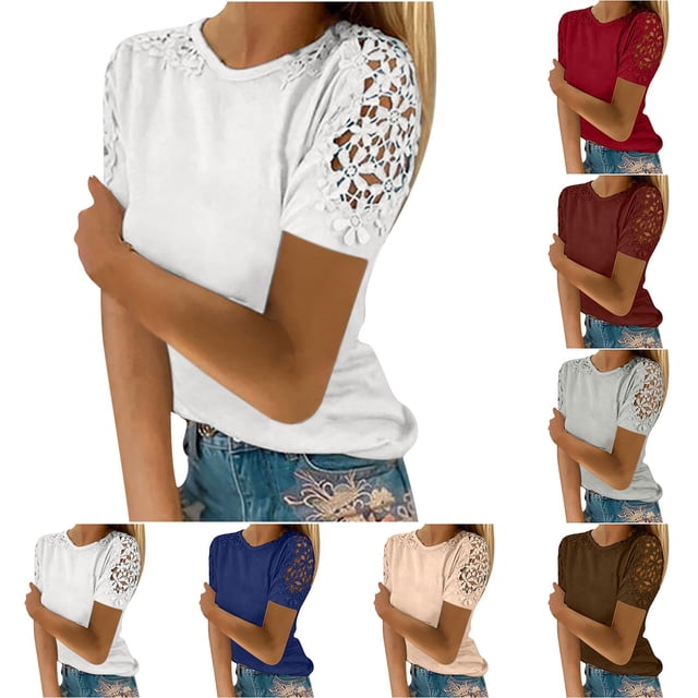 XZNGL Casual Short Sleeve Round Neck Lace Top for Women, Solid Color, Polyester Spandex Blend, Lightweight Stretch Fabric, Breathable Daily Wear