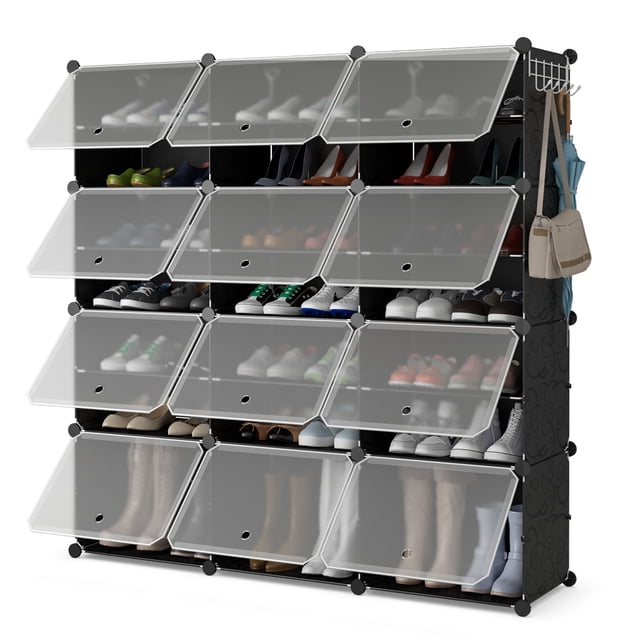 Costway Portable Shoe Rack Organizer 12-Cube 48 Pair Shoe Shelf Storage Cabinet with translucent doors and side hooks. The black and translucent 8-tier design features removable partitioned panels for customizable storage, holding up to 48 pairs of shoes, including boots and high heels. Made of durable PP and steel, it includes side hooks for accessories like bags and umbrellas. Suitable for entryways, bedrooms, and more.