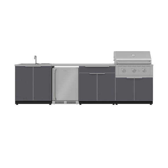 NewAge Products Outdoor Kitchen Aluminum 6 Piece Cabinet Set with Sink, Bar, Grill Cabinet, Performance Grill, Countertop and Stainless Steel Door Fridge