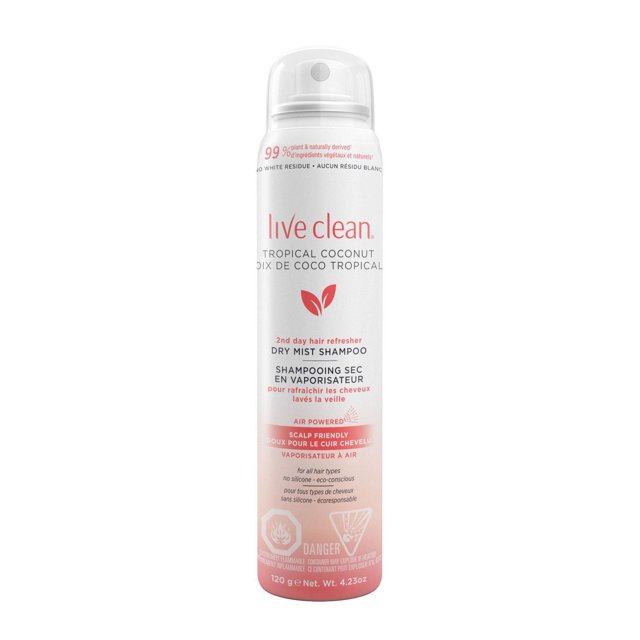 Live Clean Dry Mist Shampoo Tropical Coconut in a white and pink gradient aerosol can with a clear plastic cap, a waterless dry shampoo spray that reduces oil and greasiness, scalp friendly and eco-conscious, ideal for refreshing hair between washes and extending blowout life.