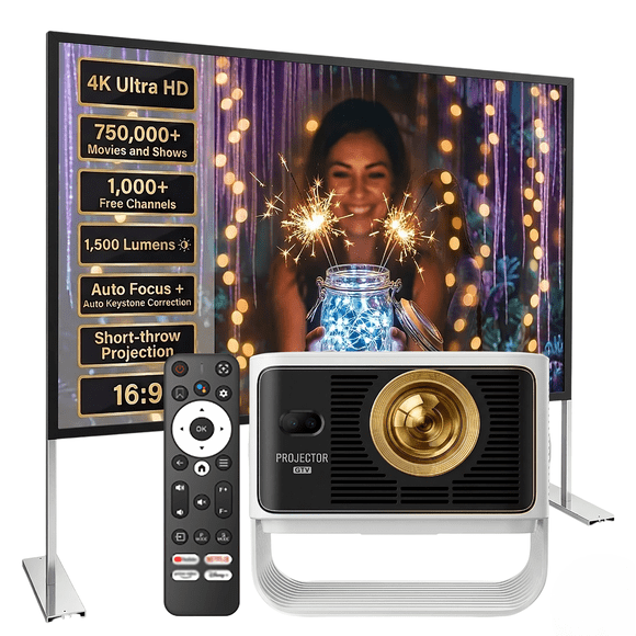 Licensed Google TV 4K Smart Projector with Screen & Stand, Brother Eye Mark III Elite Edition Ultra Fast Mini Projector, 1500 lumens, 1000 Free Channels, Sports, News, Movies, etc.