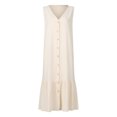 thumbnail image 4 of Robes Beiges pour Femmes Couleur Unie Sans Manches Robe Douce Grande Taille Col en V Coupe Ample Tendance Vacances Robe Décontractée Maxi Mode Robe Quotidienne Gilet Bretelles Lin et Coton Robe Froncée avec Poche,m, 4 of 5