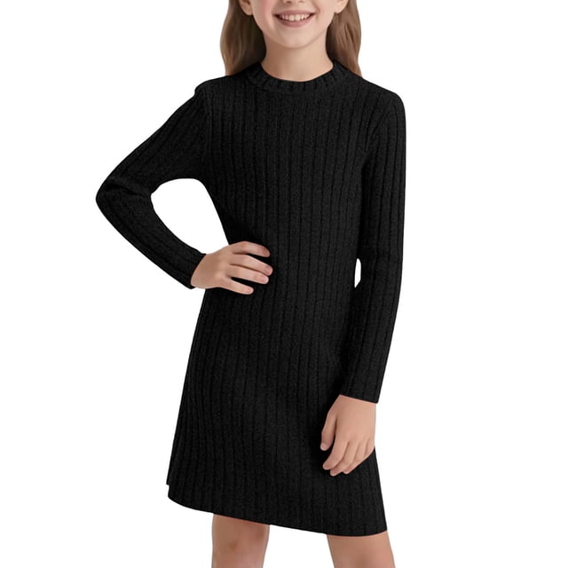 HXWCHs Robe Brodée Filles Coupe Ajustée Robe Moulante Hiver Chaude Extensible Col Roulé Manches Longues Tenue Décontractée pour Tout-Petits et Enfants avec Doux Noir 9-10 Ans