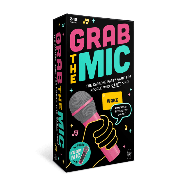 Grab The Mic karaoke party game by Lucky Egg for 2-10 players, featuring a black box with a colorful hand holding a pink foam microphone, a word card labeled 'Wake' with the phrase 'Wake me up before you go-go!', includes 125 word cards, gameboard, player tokens, and instructions, suitable for fun group singing challenges.