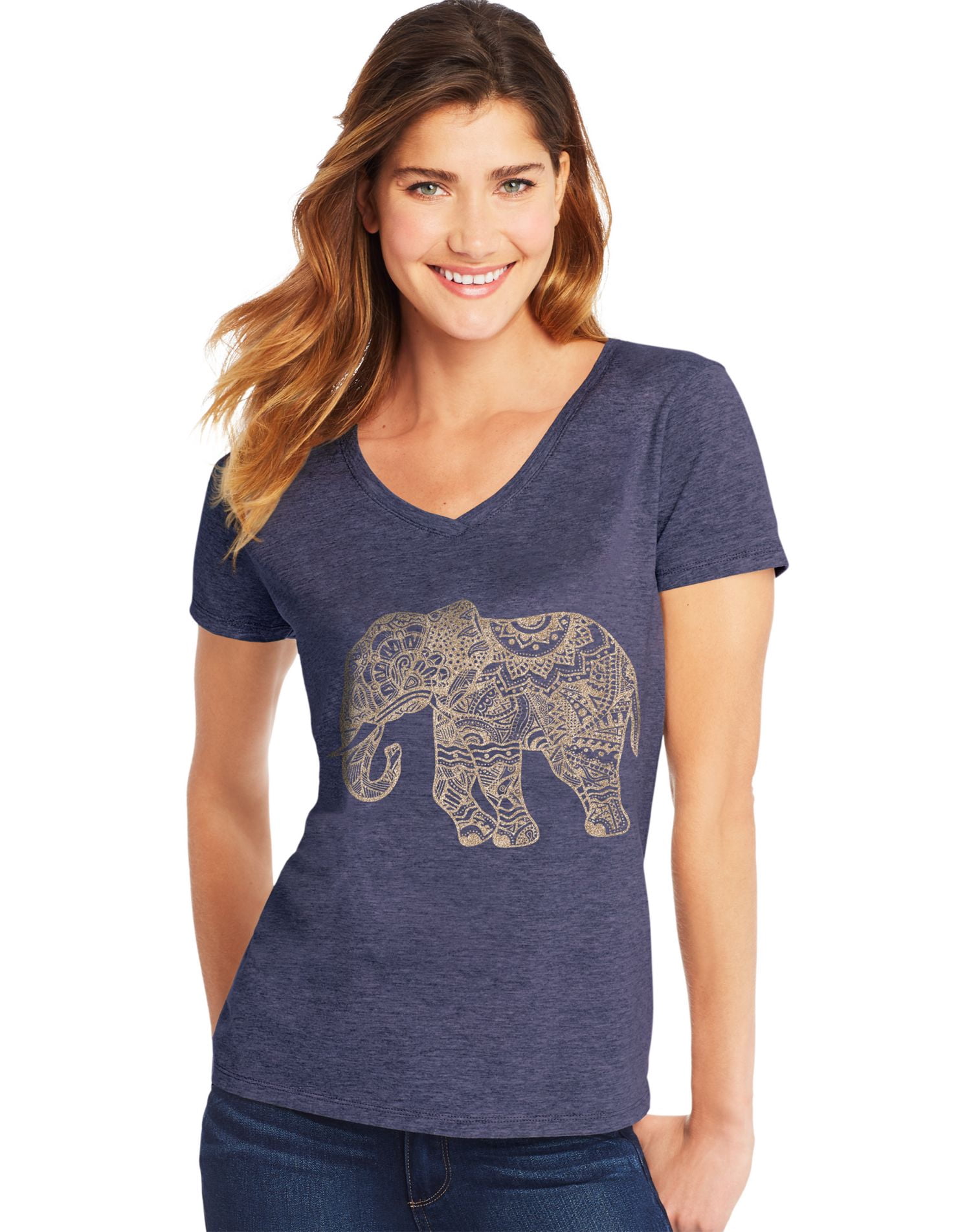 Hanes 00617914394097 Womens Pattern Elephant Short Sleeve V-Neck Tee, Navy Heather - Extra Large