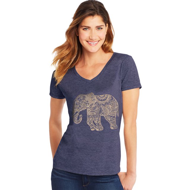 Hanes Womens Short Sleeve V-Neck Tee, S, Pattern Elephant/Navy Heather