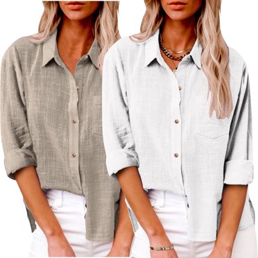 Timegard 2pc Cotton Linen Shirts for Women Plus Size Button up Side Split Blouse Fall Solid Color Tops