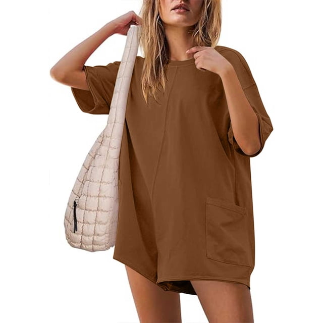 LSLJS Women's Solid Oversized Athletic Tee Romper Back V Neck Half Short Sleeve Wearing Both Front and Back Workout Rompers Casual Shorts Jumpsuit With Pockets, One Piece Jumpsuits Gifts for Women