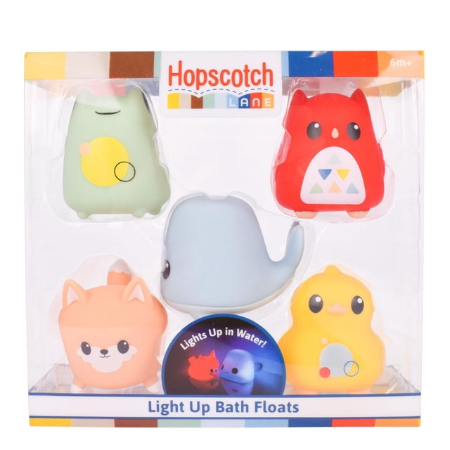 Hopscotch Lane 5 Pack Light Up Animal Bath Toys including frog, owl, fox, whale, and chicken in pastel colors with water-activated multicolor lights that automatically turn off when removed from water, designed for babies and toddlers 6 months and older.
