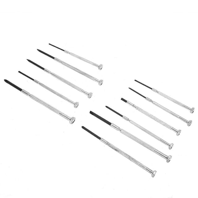 11pcs Precision Mini Screwdriver Set Watch Repair Screw Alloy Tools Kit Eye Glasses Screw Driver Set. The set includes 11 silver alloy screwdrivers in various sizes (1.0mm to 3.0mm) with ergonomic, non-slip handles. Designed for small electronics, eyeglasses, laptops, and more, the compact and portable set is stored in a durable case for easy carrying.