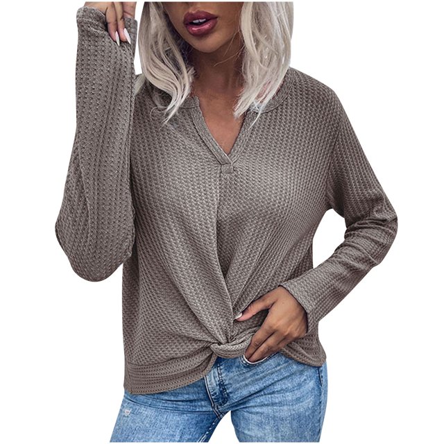 CEHVOM Women Long Sleeve Knotted Solid Color V Neck Pullover Knitted Sweater