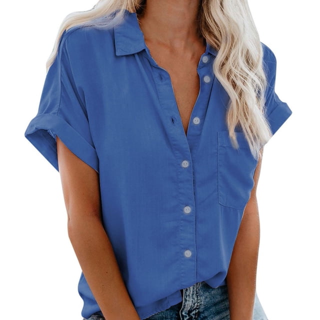 Pompotops Fashion Woman Causal Button Solid Blouse Short Sleeve T-Shirt Summer Tops