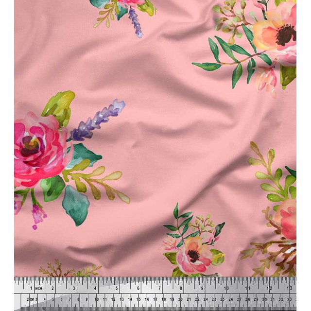 Soimoi Cotton Poplin Fabric Leaves & Anemone Flower Fabric Prints By Yard 42 Inch Wide