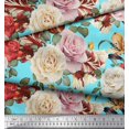 thumbnail image 3 of Soimoi Tissu Satin Modal Bleu Feuilles & Roses Imprimé Floral au Mètre 42 Pouces de Large, 3 of 3