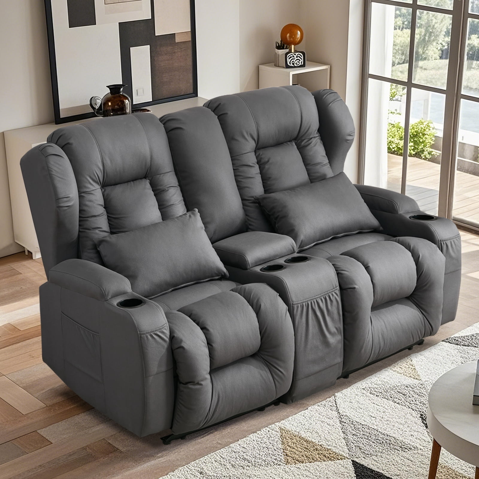 IPKIG Loveseat Recliner Sofa, Double Manual Recliner RVs Sofa with Storage Console, Side Pockets Cup Holder, Wingback Loveseat Reclining Couch for Living Room, Bedroom, RVs,Dark Gray