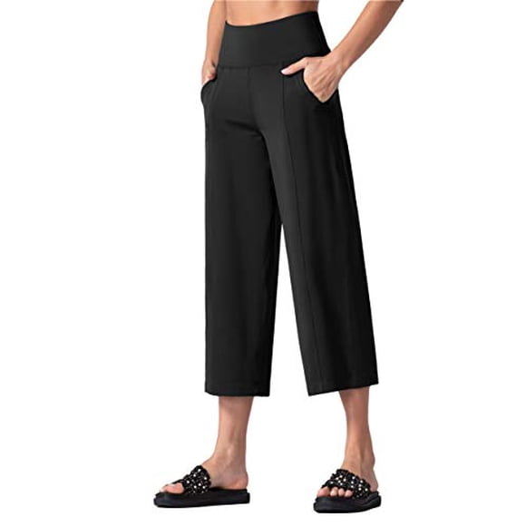 THE GYM PEOPLE Pantalons Capri de Yoga Bootleg pour Femmes Contrôle du Ventre Taille Haute Pantalons Évasés avec Poches (Grand, Noir)