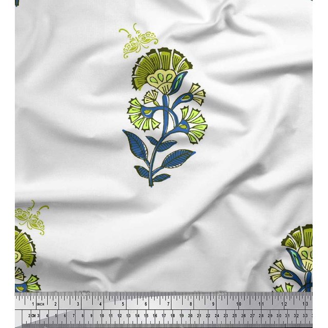 Soimoi Green Rayon Fabric Insect,Leaves & Floral Block Print Fabric by The Yard 42 Inch Wide
