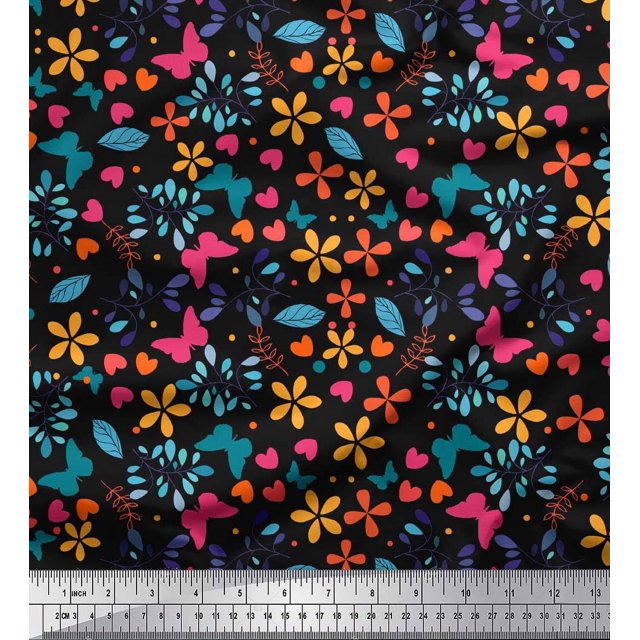 Soimoi Black Silk Fabric Flower & Butterfly Decor Fabric Printed BTY 42 Inch Wide