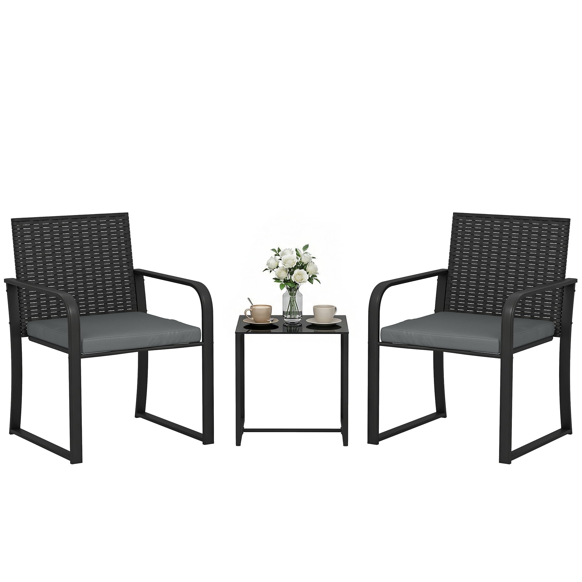 Outsunny Wicker Patio Furniture Bistro Set with Cushion Mesh Seat, Grey
