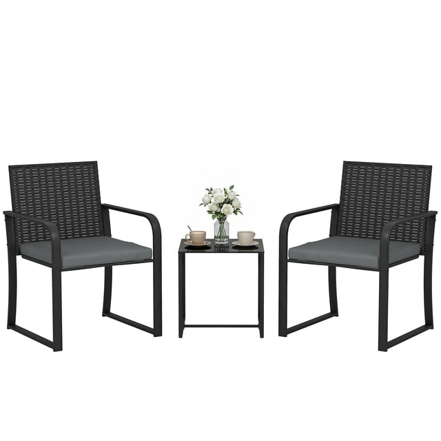 Outsunny Wicker Patio Furniture Bistro Set with Cushion Mesh Seat, Grey