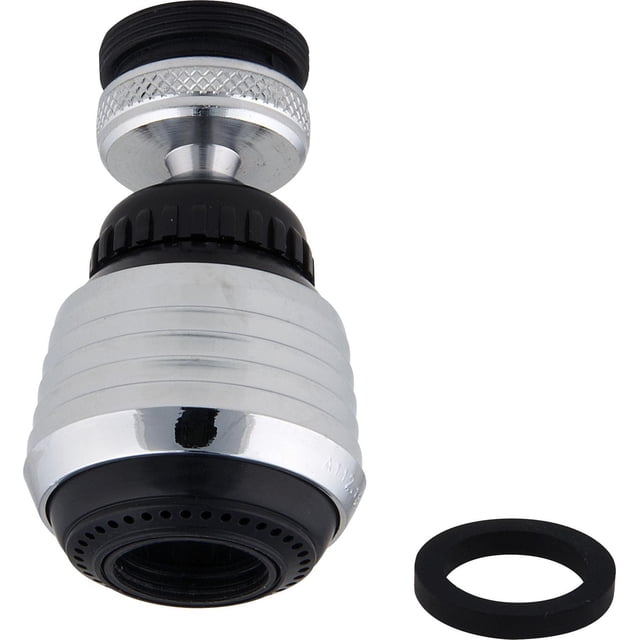 Aerator Pivotant Sans Pair en Noir/chrome Montrant une Vue de devant Gros Plan du Robinet à Jet Pivotant à Double Filetage Aerator avec Fini Noir et chrome, Conçu pour Se Raccorder à la Plupart des Robinets de Cuisine, Idéal pour Rincer les Zones d'Évier et Remplir les Casseroles, Affiché avec une Laveuse en Caoutchouc Noire Séparée.