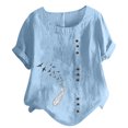 thumbnail image 1 of Birdeem Haut Décontracté à Manches Courtes pour Femmes Grande Taille Col Rond Imprimé Plumes Ample en Coton Lin, 1 of 1