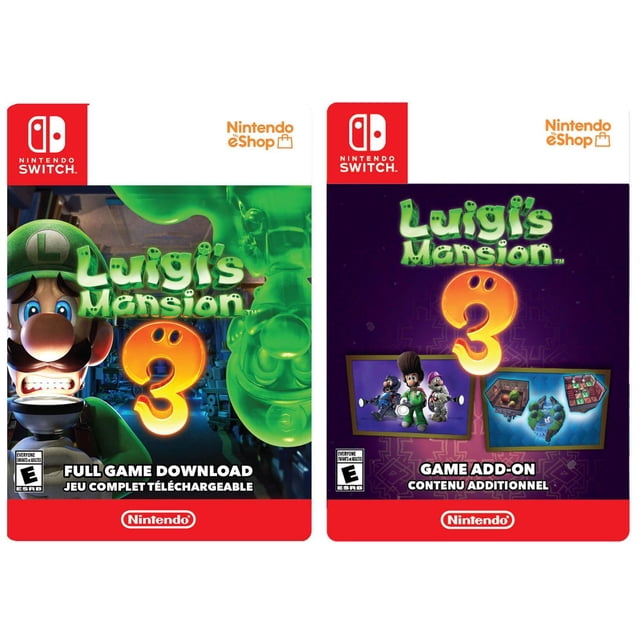 Luigi's Mansion 3 + Multiplayer Pack DLC Bundle for Nintendo Switch digital download cards showing front covers; left card features Luigi with flashlight and green ghost figure in dark hotel setting, right card displays multiplayer characters and game add-on scenes on purple background with Nintendo Switch and Nintendo eShop logos.