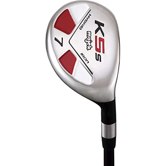 Majek Golf Club Utilitaire pour Hommes #7 Hybrid à Flexion Régulière pour Droitier avec Tête Argentée avec accents Rouges et Blancs, Conception Aérodynamique pour une Traîne Réduite, et Couronne Noire avec Marqueurs de Flèches pour un Alignement Facile. Arbre en graphite Léger Améliore la Vitesse de Balancement et la Précision, Idéal pour Remplacer des Ensembles de Fer Difficiles.