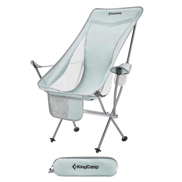 KingCamp Lightweight Highback Camping Chair with Cupholder & Pocket in grey. Features a padded headrest, ergonomic high back, and soft armrests for comfort. Includes a breathable mesh back, durable aluminum frame, and polyester seat. Comes with a cupholder, side pocket, and carrying bag. Supports up to 265 pounds. Ideal for camping, tailgating, or outdoor activities.