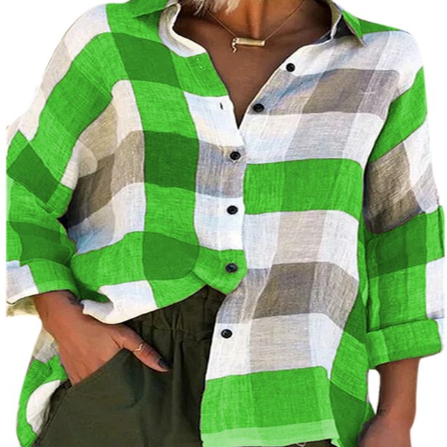 Hauts à Carreaux à Boutons pour Femmes Grande Taille, Chemises Blouses Décontractées Amples à Manches Longues