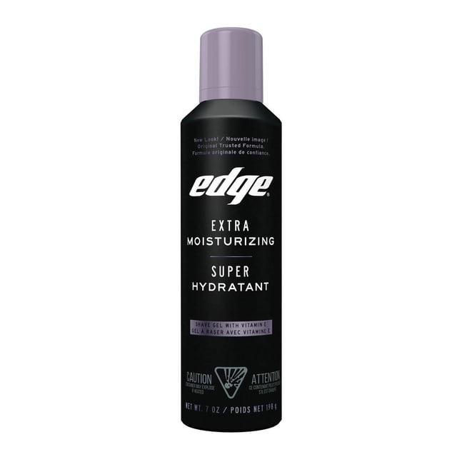 Edge Men's Extra Moisturizing Shave Gel in a black can with lavender cap, enriched with vitamin E and moisturizers for smooth razor glide and hydration, 198g, suitable for men's shaving and grooming.