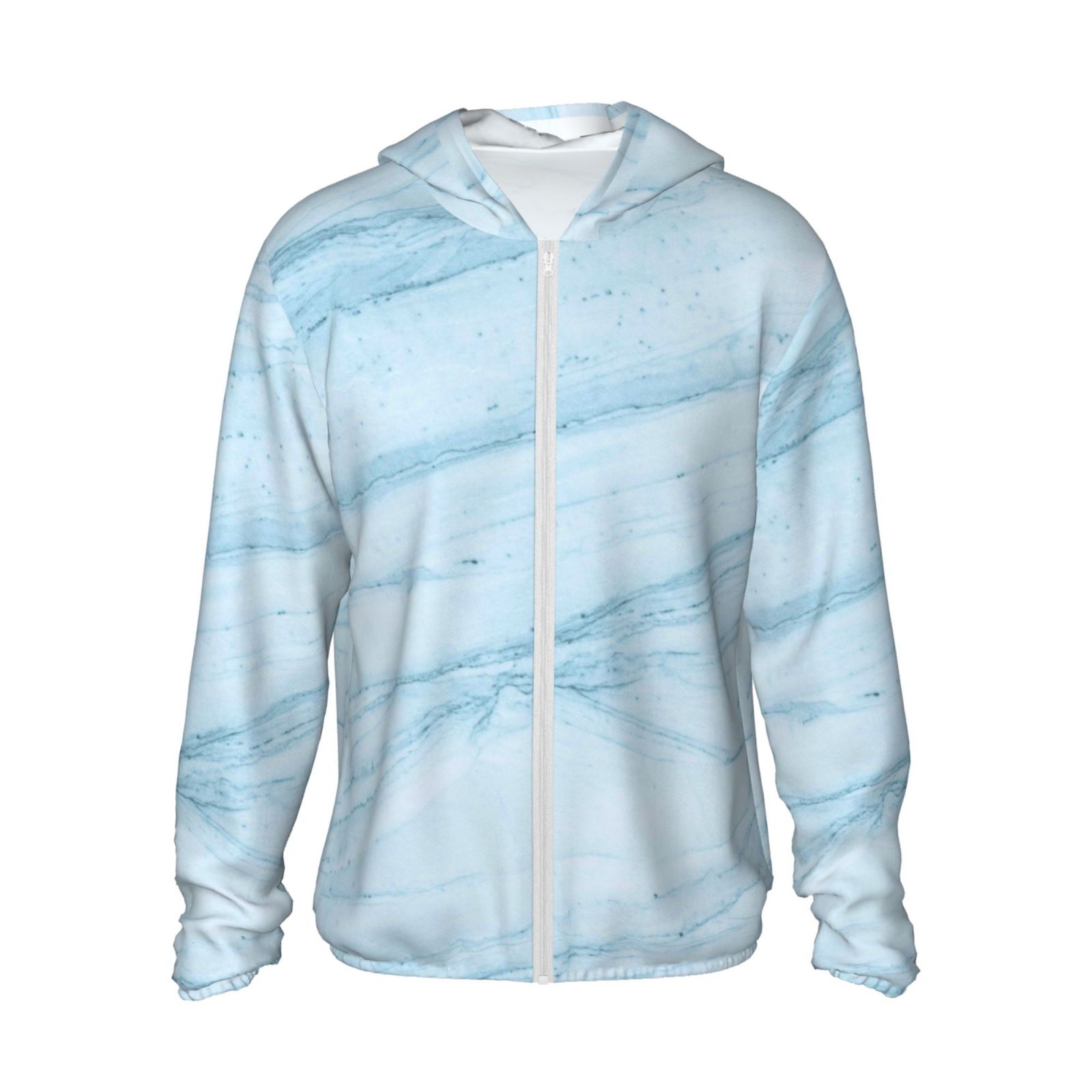 Lsque Chemise à Manches Longues Légère Protection Solaire UPF 50+ Motif Marbre Bleu Clair pour Hommes et Femmes, Chandail à Capuchon Performance - Grand