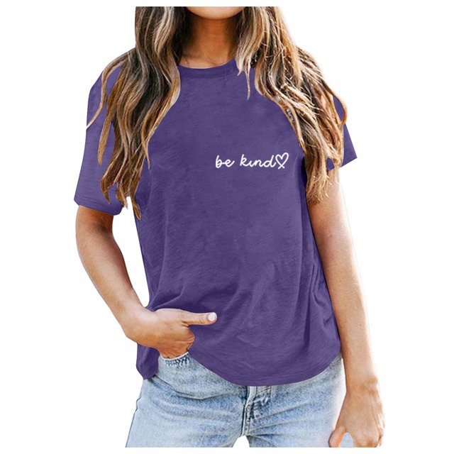 LUOGENLI T-shirts pour Femme pour Femmes Dames Mode Décontractée Couleur Unie Col Rond T-Shirt à Lettres Imprimées Manches Courtes Haut T-shirts pour Femmes T-shirts Graphiques T-shirts Pêche Saint-Valentin Violet Foncé TTG
