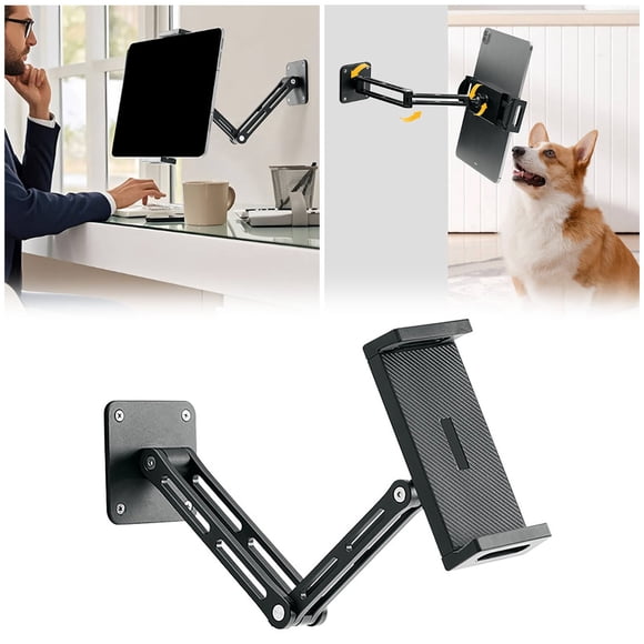 Wall Mount 360° Rotating Tablet Holder Aluminium Extendable Stand for All 47 to 13 Inch Devices Adjustable and Foldable Phone and Tablet Support for Living Room Bedroom Bathroom Entrance