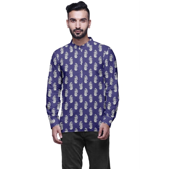 Atasi Kurta Court Imprimé Décontracté à Manches Longues avec Poignets pour Hommes Tenue d'Été