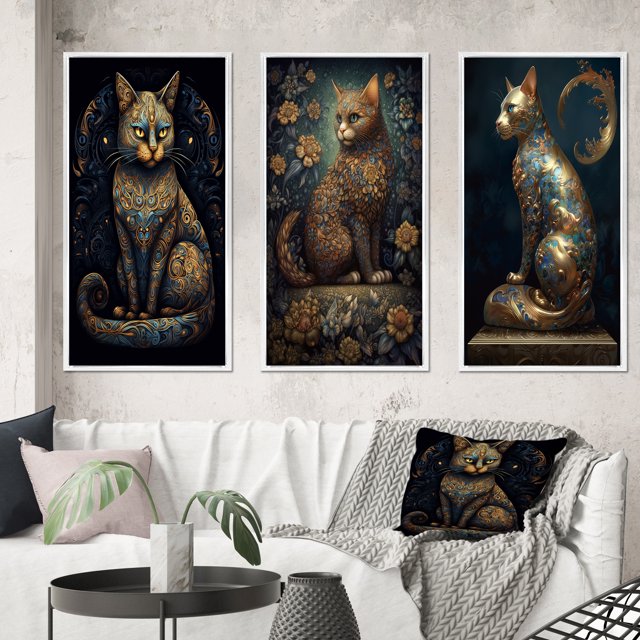 Designart "Glamorous Gold Cat Retro Blue" Animals Cat Framed Wall Art Set Of 3 - Blue Cat Frame Canvas Set For Living Room Decor